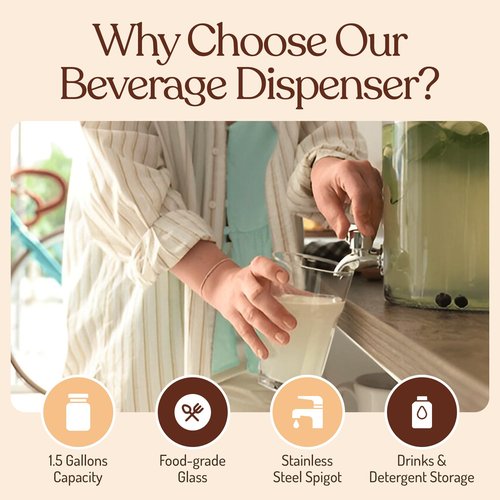 Large Glass Drink Dispenser with Spout – 1.5 Gallon Tall Mason Jar Style Beverage Server with Airtight Lid & Metal Spigot for Water, Tea, Juice, Punch, or Cocktails
