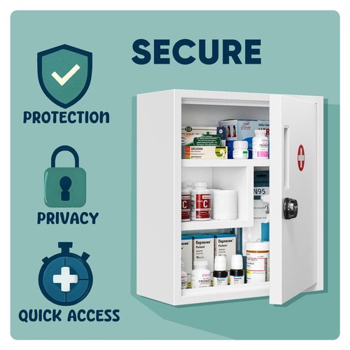 POKIPO Locking Medicine Cabinet, Empty Metal Medicine Storage Box Wall Mount with All-Metal Digit Lock Keyless, Bathroom Cabinet Organizer Over The Toilet, First Aid Box for Home School Business
