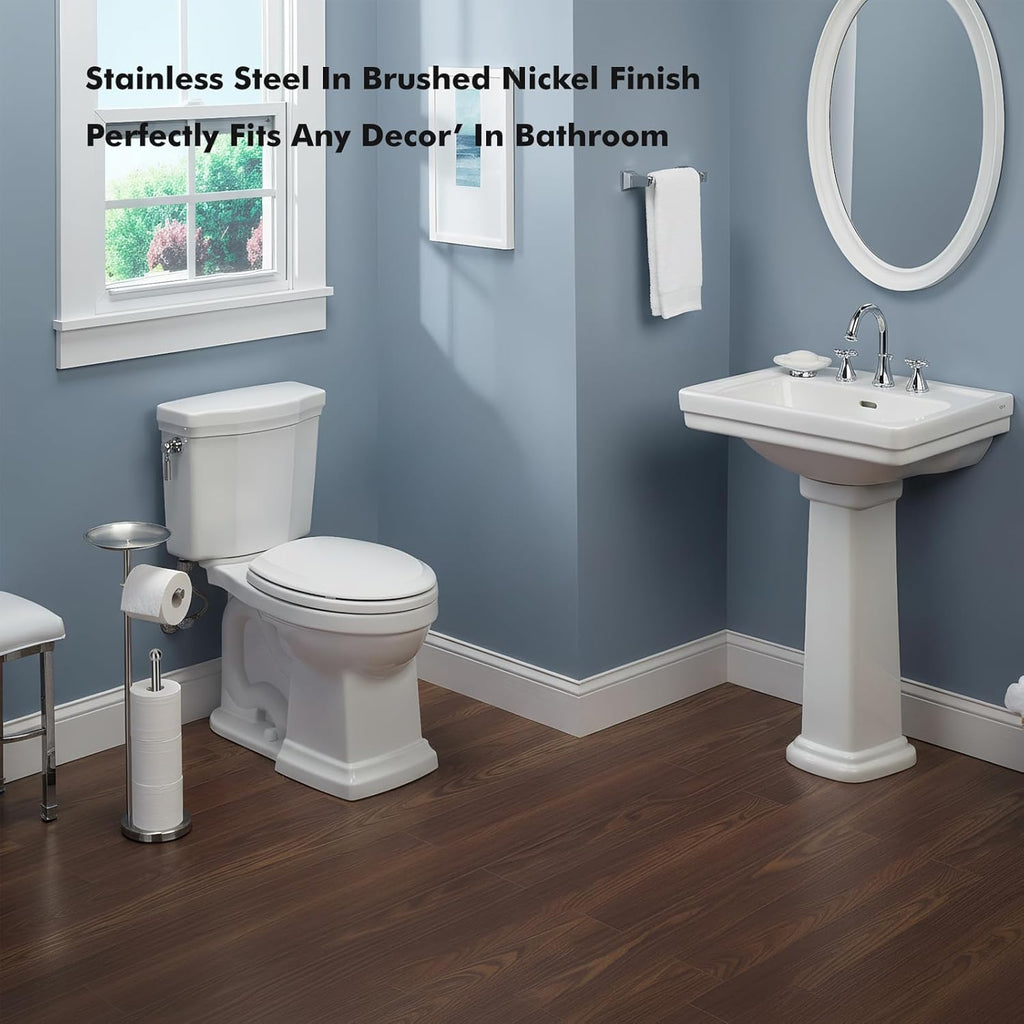Skiennix Freestanding Toilet Paper Holder - Stylish Storage Stand for 4 Extra Rolls | Brushed Nickel Finish