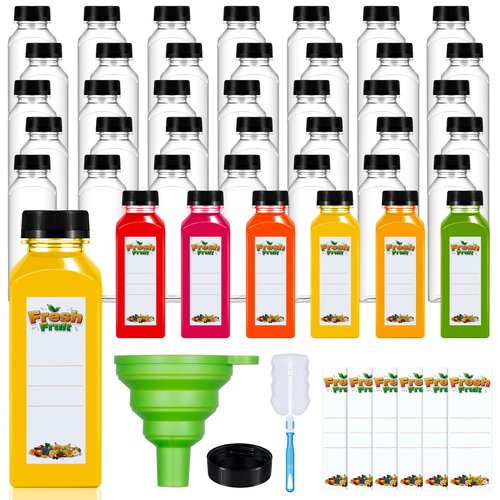 Dualshine 42Pcs 16oz Plastic Juice Bottles with Caps, Clear Empty Reusable Juice Containers with Lids, Brush, Funnel and Labels for Drinking, Smoothie, Milk, Tea and Other Beverages