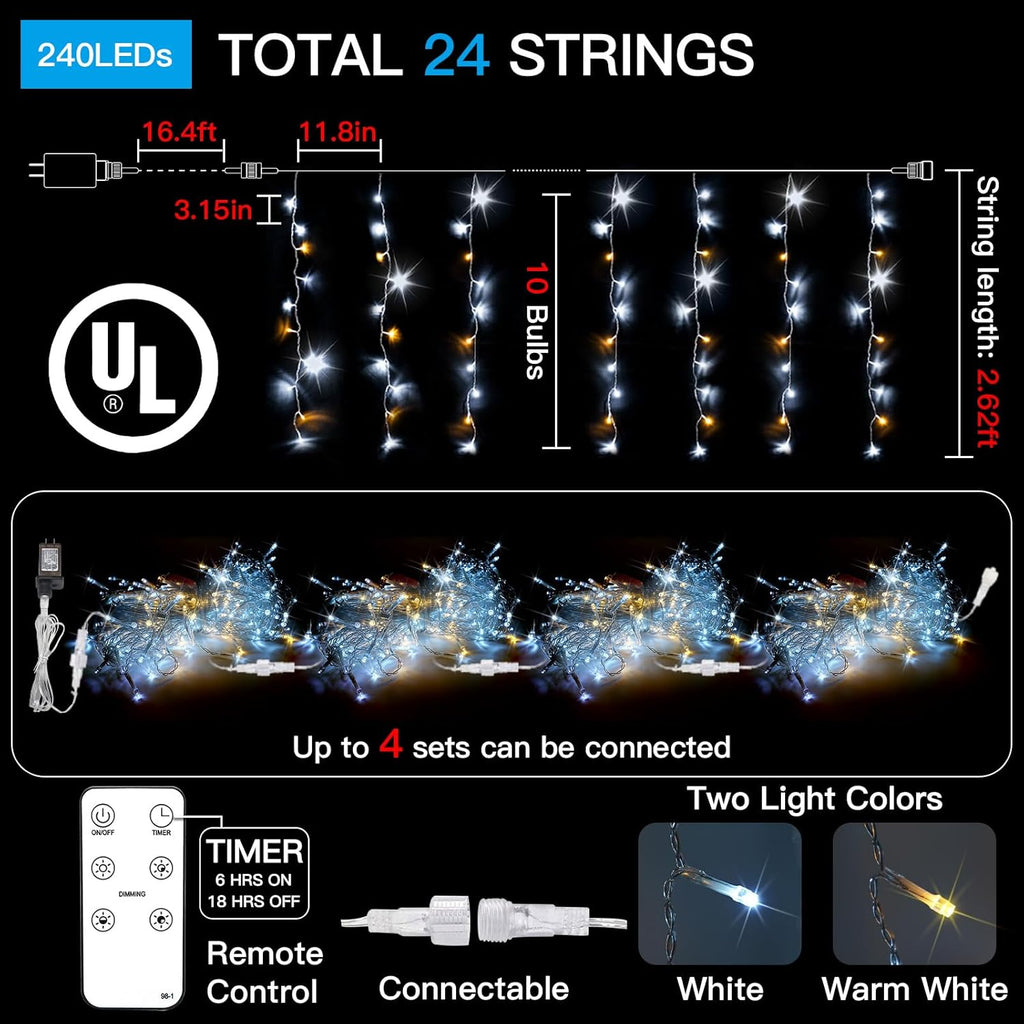 Suddus Christmas Icicle Lights - 240 LED Waterproof Hanging String Lights | 23.6ft for Outdoor Decor