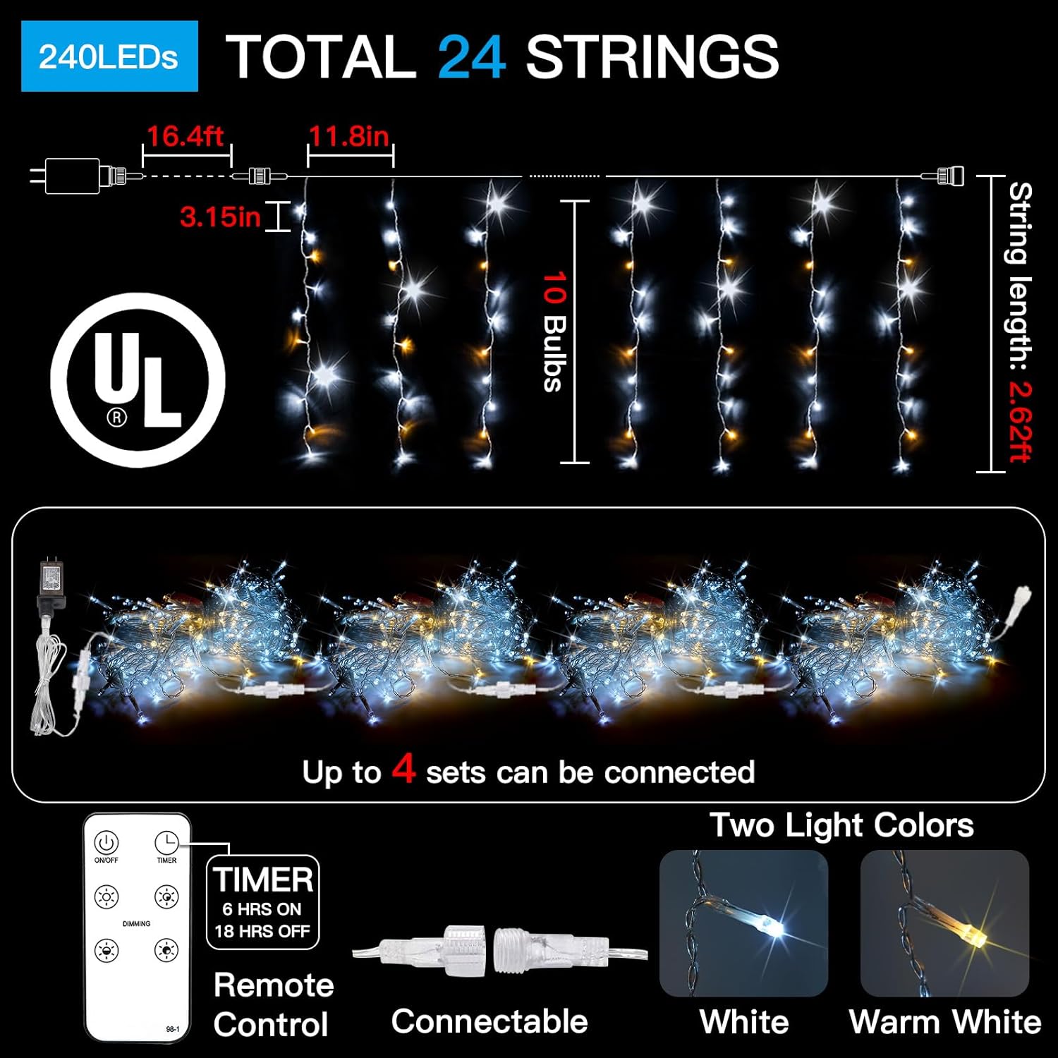 Suddus Christmas Icicle Lights - 240 LED Waterproof Hanging String Lights | 23.6ft for Outdoor Decor