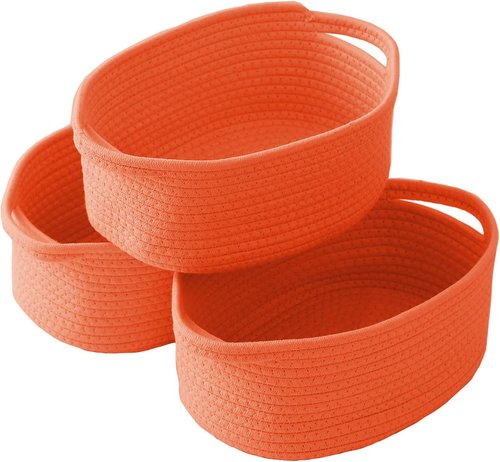JMvicyroam Woven Storage Baskets - Small Rope Organizer with Handles | 3-Pack in Orange for Shelves & Closets