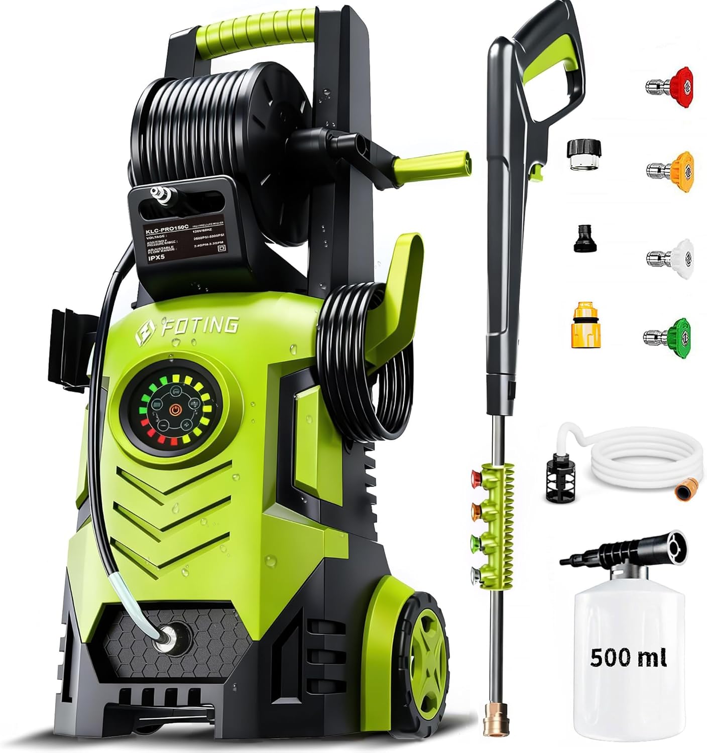 Skiennix Pressure Washer 5000 PSI - Adjustable 8-Level Touch Screen, 34" Tall, 4 Nozzles & Foam Cannon