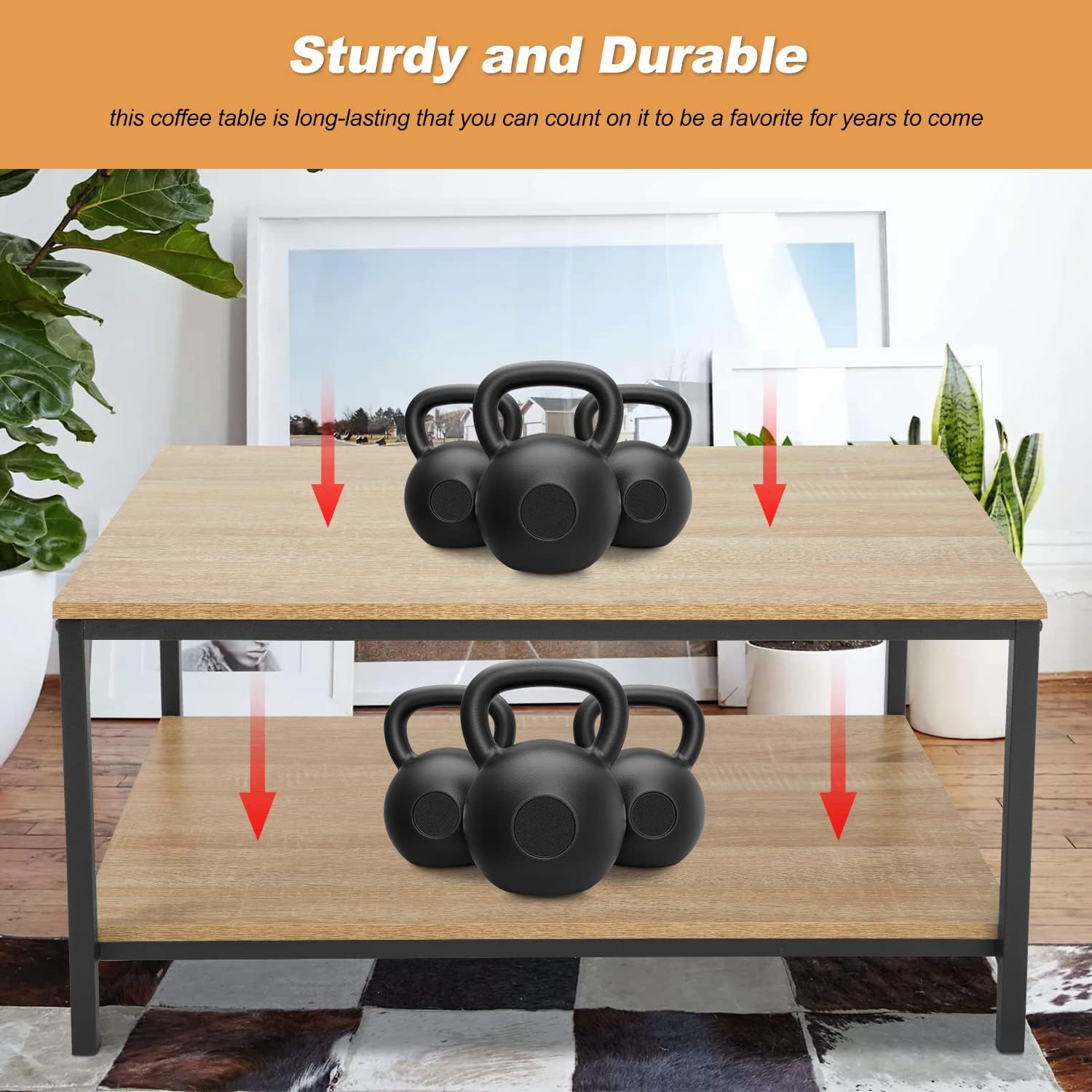 Skiennix 2-Tier Coffee Table - Metal Frame with Wood Finish & Open Storage Shelf | Easy Assembly