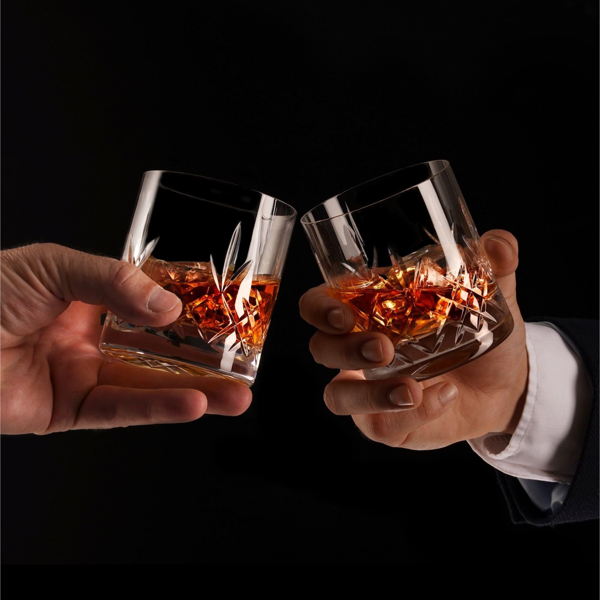 Hemswell Crystal Whisky Glasses Set of 2 11oz - Luxury Cut Glass Whiskey Rock Tumblers for Men - Old Fashioned Glassware Sets for Bourbon and Whisky with Solid Base - Satin Lined Box - Wicklow