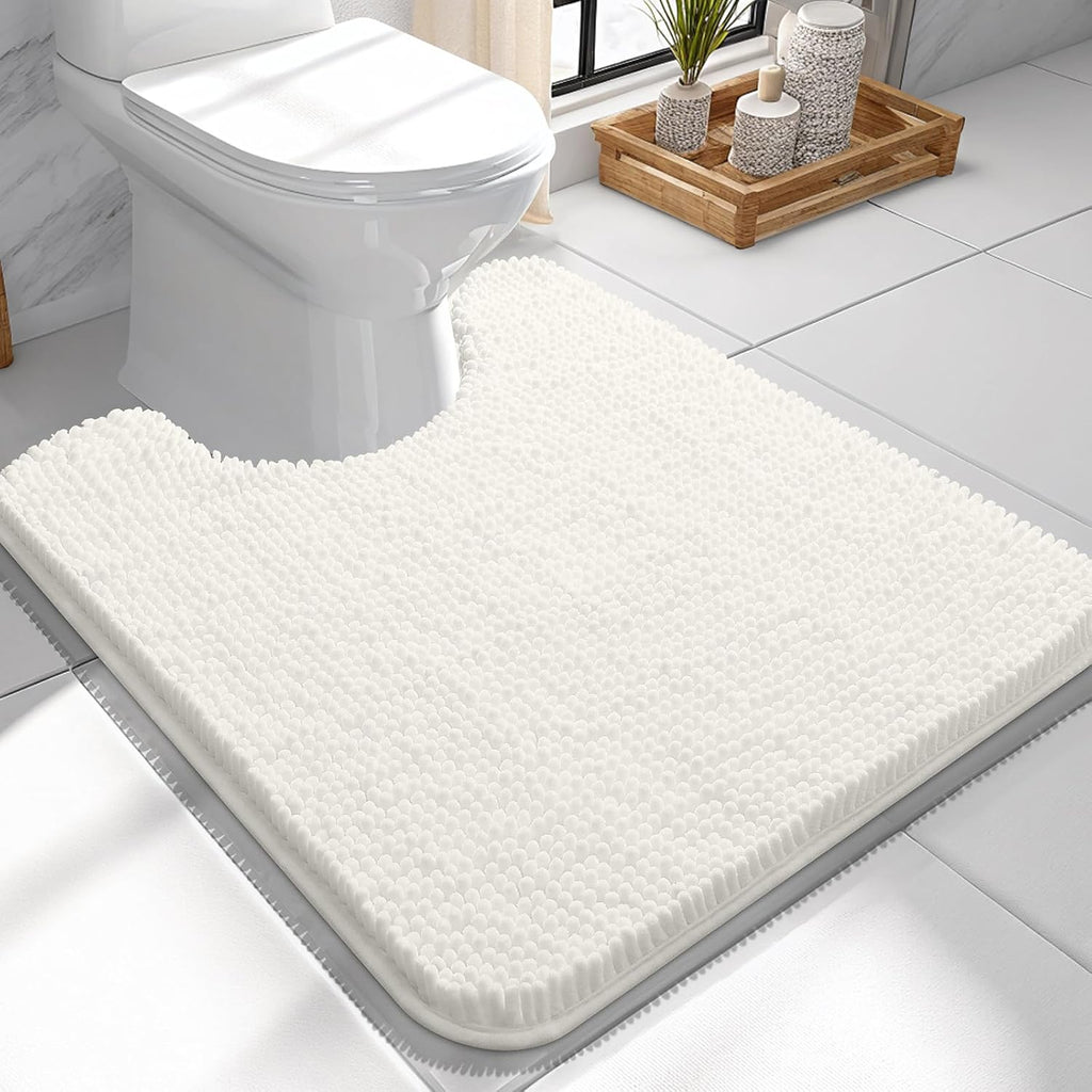 OLANLY U-Shaped Toilet Rugs - Extra Soft Chenille, Quick-Dry & Non-Slip Bath Mat | 24x24, Ivory