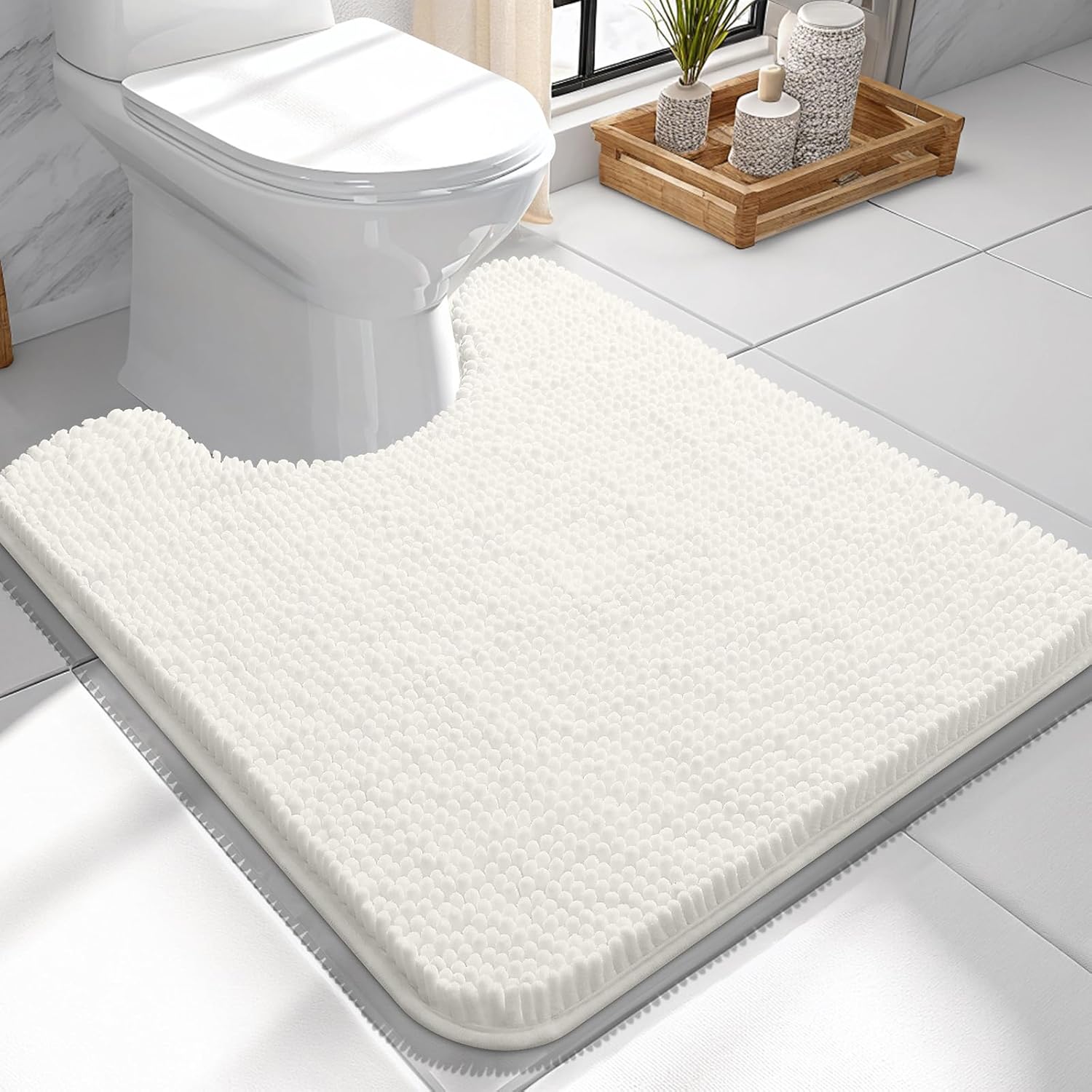 OLANLY U-Shaped Toilet Rugs - Extra Soft Chenille, Quick-Dry & Non-Slip Bath Mat | 24x24, Ivory