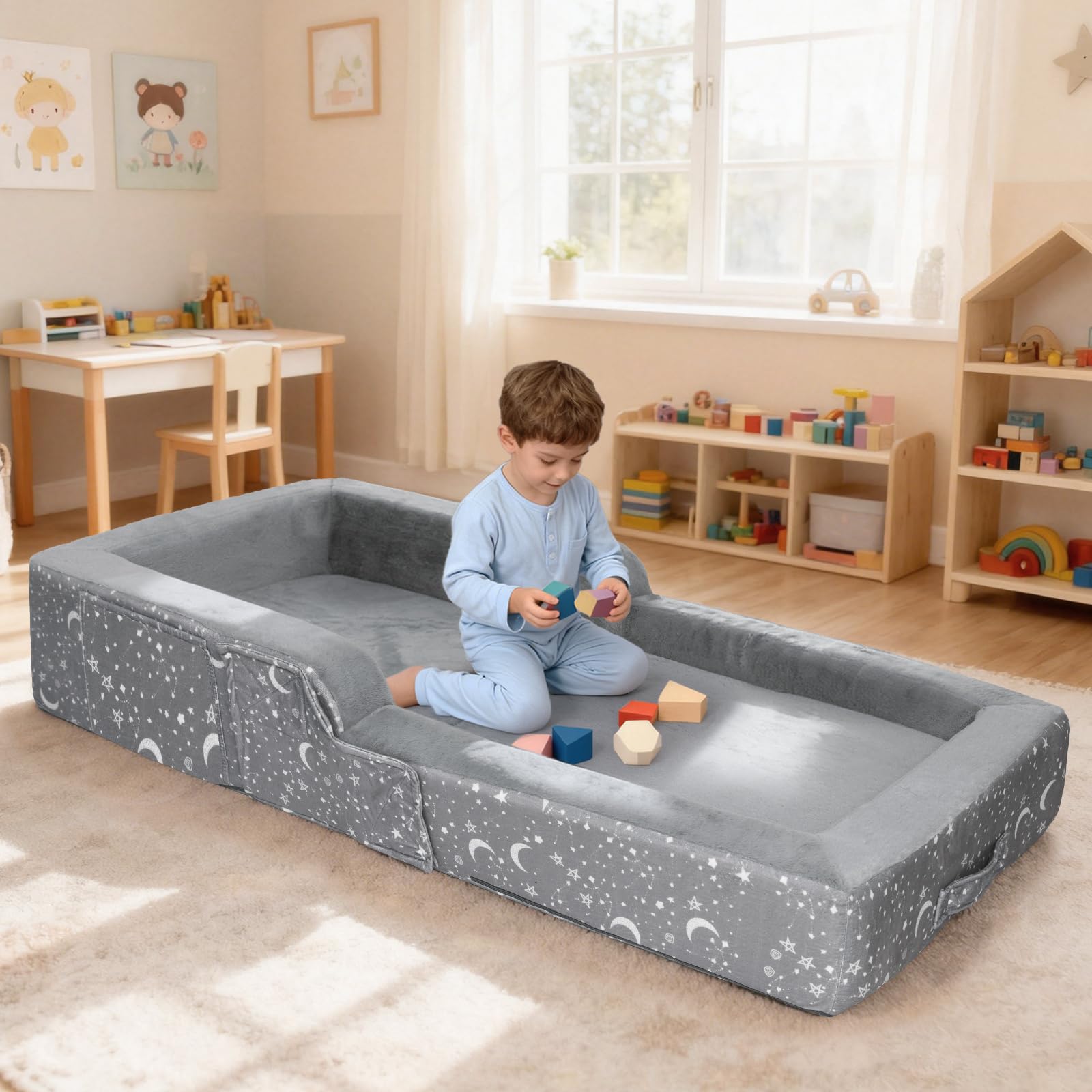 Portable Toddler Travel Bed, 2 in 1 Foldable Toddler Bed Sofa Chair, Soft Baby Kids Travel Floor Beds with Washable Cover, Blanket, Safety Foam Raised Bumper for Camping Hotel Grandma’s House Sleeping