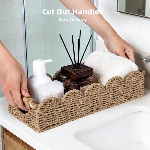 CubesLand Bathroom Basket Organizer - Scalloped Wicker Storage Tray with Cut-Out Handle | Neutral Decor