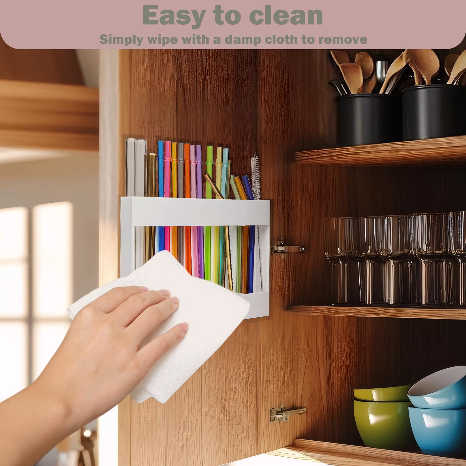 Acrylic Straw Holder for Cabinet Door with Double Sided Adhesive Tape, Tall Drinking Straws Dispensers, Reusable Straw Organizer Kitchen Storage Accessories for Cupboard, Counter (White)