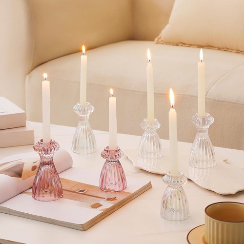 Lysenn Glass Candle Stick Holder Set of 3 - Elegant Taper Holders for Romantic Ambiance - Clear Decor