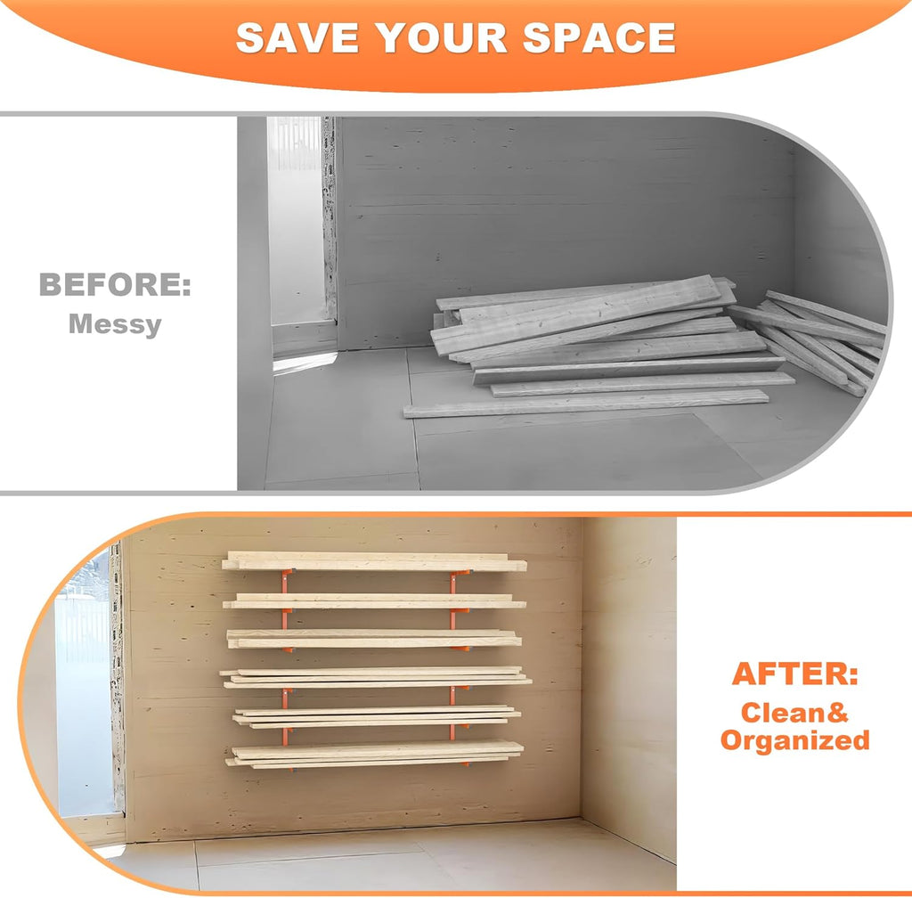 Ultrawall Lumber Storage Rack - Heavy-Duty Wall-Mounted Wood Organizer | Holds 220 LBS Per Level (Pack of 4, Orange)