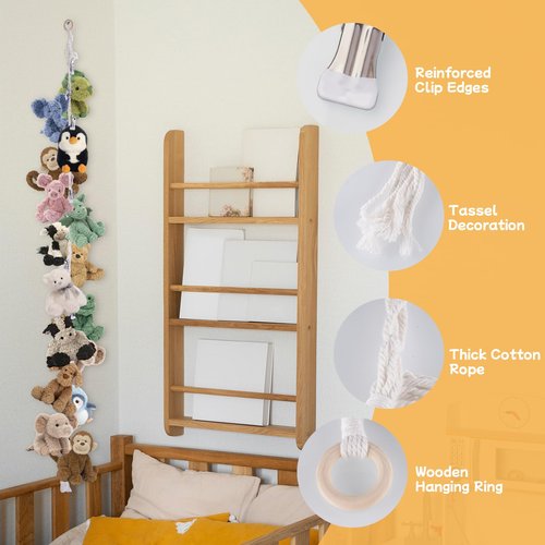 NiHome Cotton Hanging Storage Chain For Stuffed Animals Display Holder with 20 Stainless Steel Clips, 80" Plushies Storage Organizer for Wall/Nursery/Loft Bed,Suit for Toys Photos Hats Artwork, 1 Rope