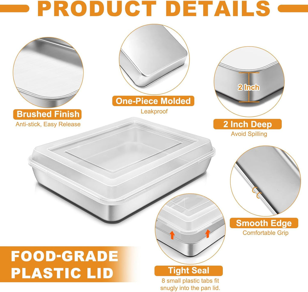 Regine Switzerland Stainless Steel Baking Pan - Deep Rectangle Cake Pans with Lids | 12⅓ x 9¾ x 2 Inch, Heavy Duty & Oven Safe