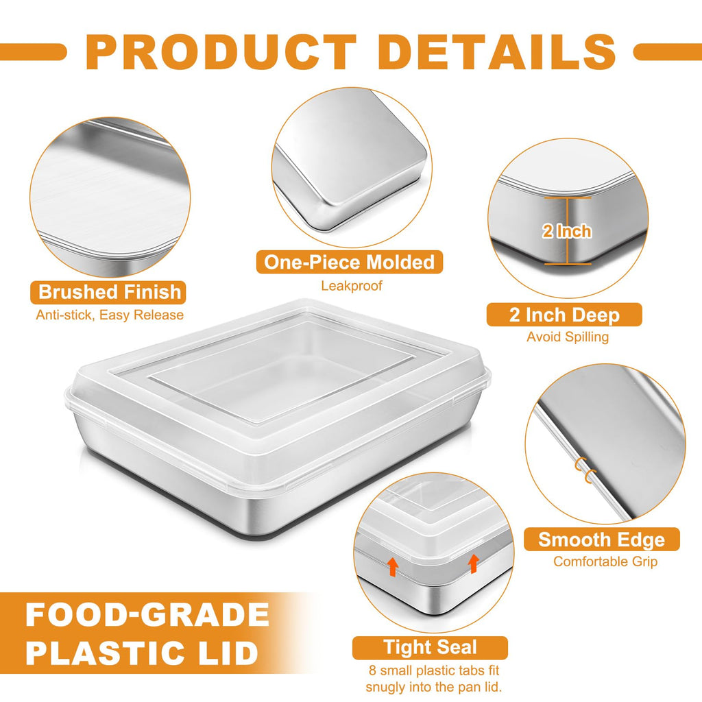 Blingco Stainless Steel Baking Pan with Lid, 12⅓ x 9¾ x 2 Inch Deep Rectangle Cake Pans with Cover for Cakes, Brownies, Cookies, Deep Side & Heavy Duty,Dishwasher & fridge & Oven Safe(2 Pans + 2 Lids)
