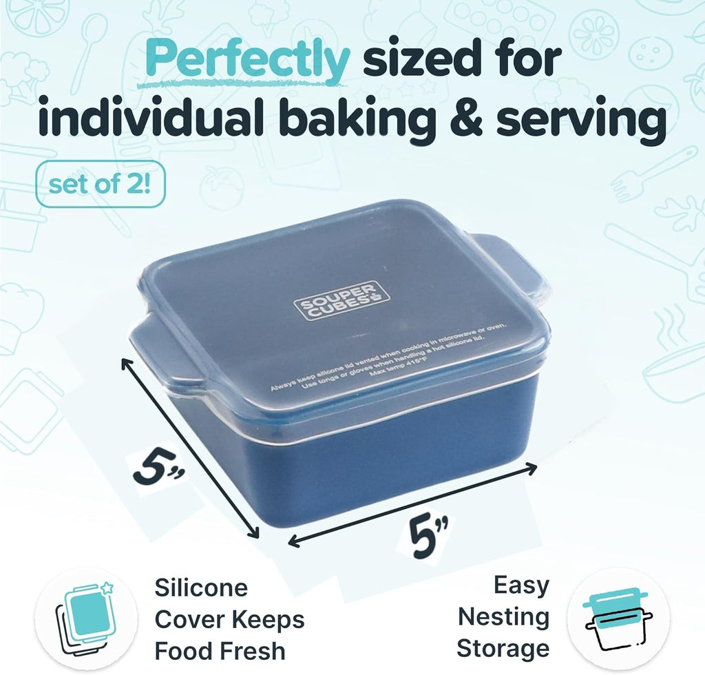Souper Cubes Stoneware Baking Dishes - Premium Mini Ceramic Oven Dishes with Silicone Covers, Set of 2 | 5" x 5" - Blueberry