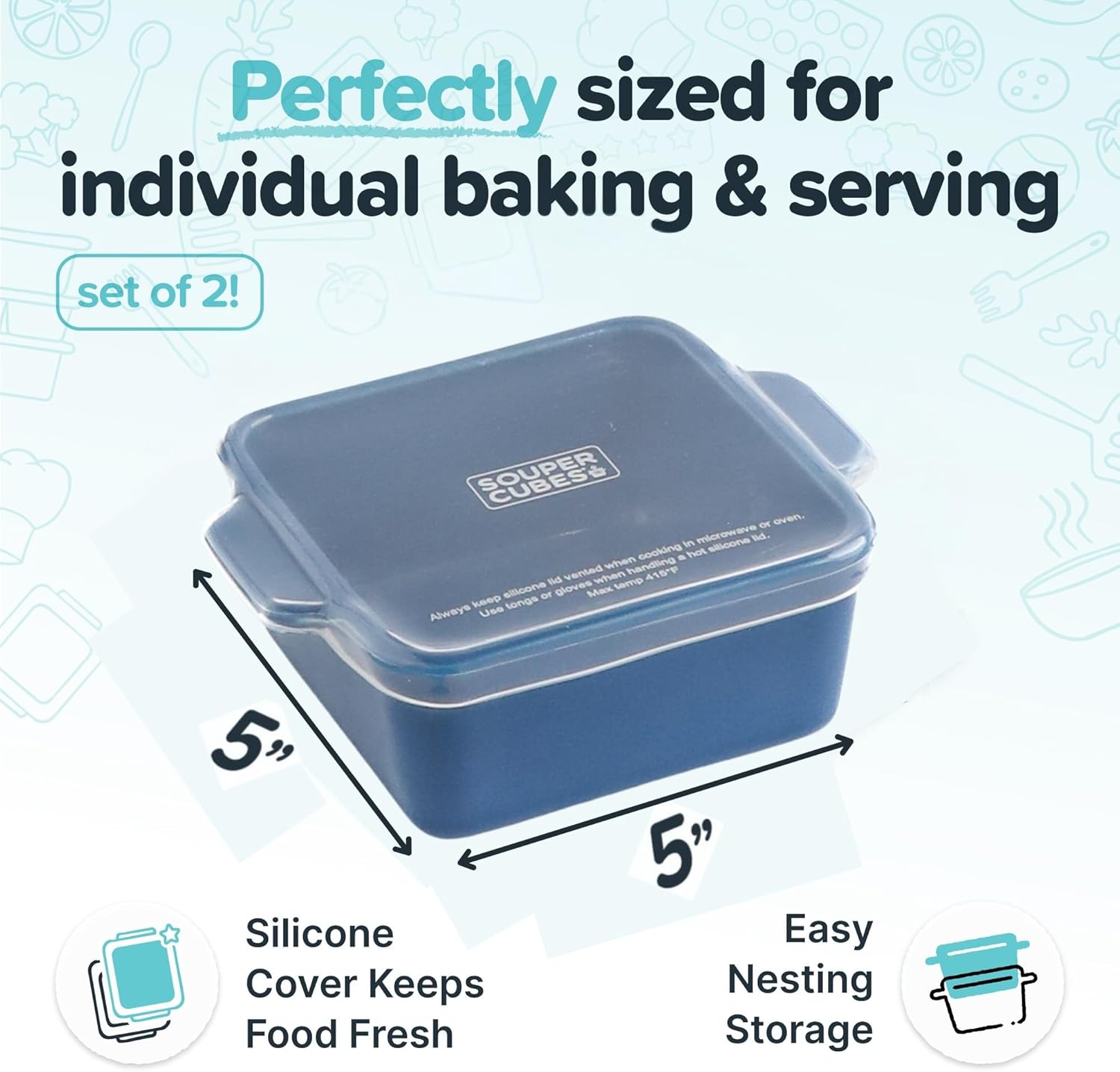 Souper Cubes Stoneware Baking Dishes - Premium Mini Ceramic Oven Dishes with Silicone Covers, Set of 2 | 5" x 5" - Blueberry