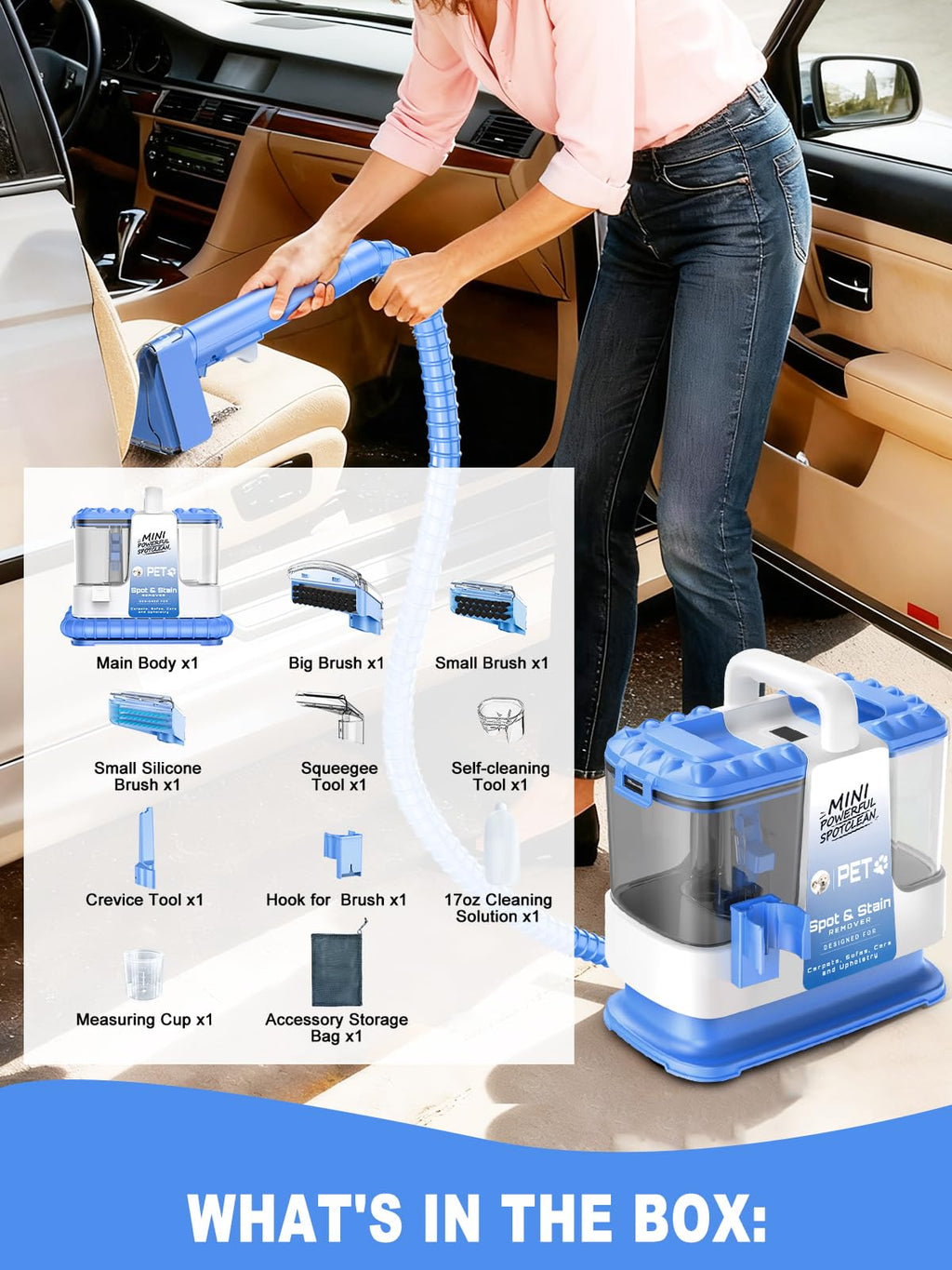 Portable Carpet & Upholestery Cleaner Machine for Pets, Spot, Stain, Couch Cleaner Machine with Powerful Suction and and Cleaning Solution, Car/Auto Detailer, Lightweight Compact Design