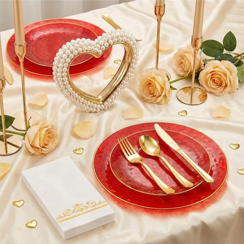 BONSINY 150 Pcs Red Plastic Dinnerware Set for 25 Guests - Red Disposable Plates for Party Birthday Easter Party