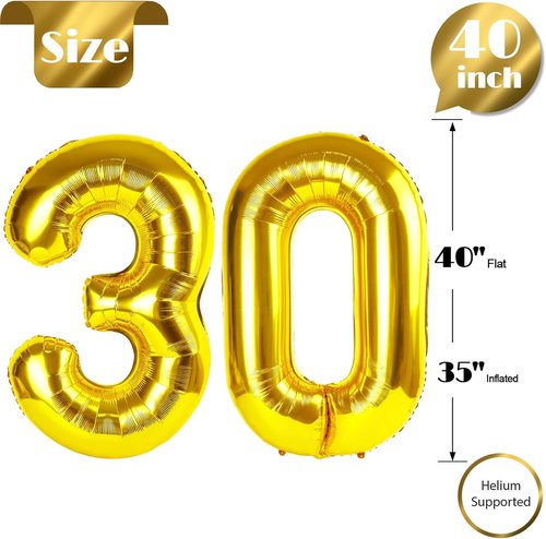 Gold Number 30 Balloon - 40 Inch Golden Birthday Decoration for 30th Celebration | Party Supplies