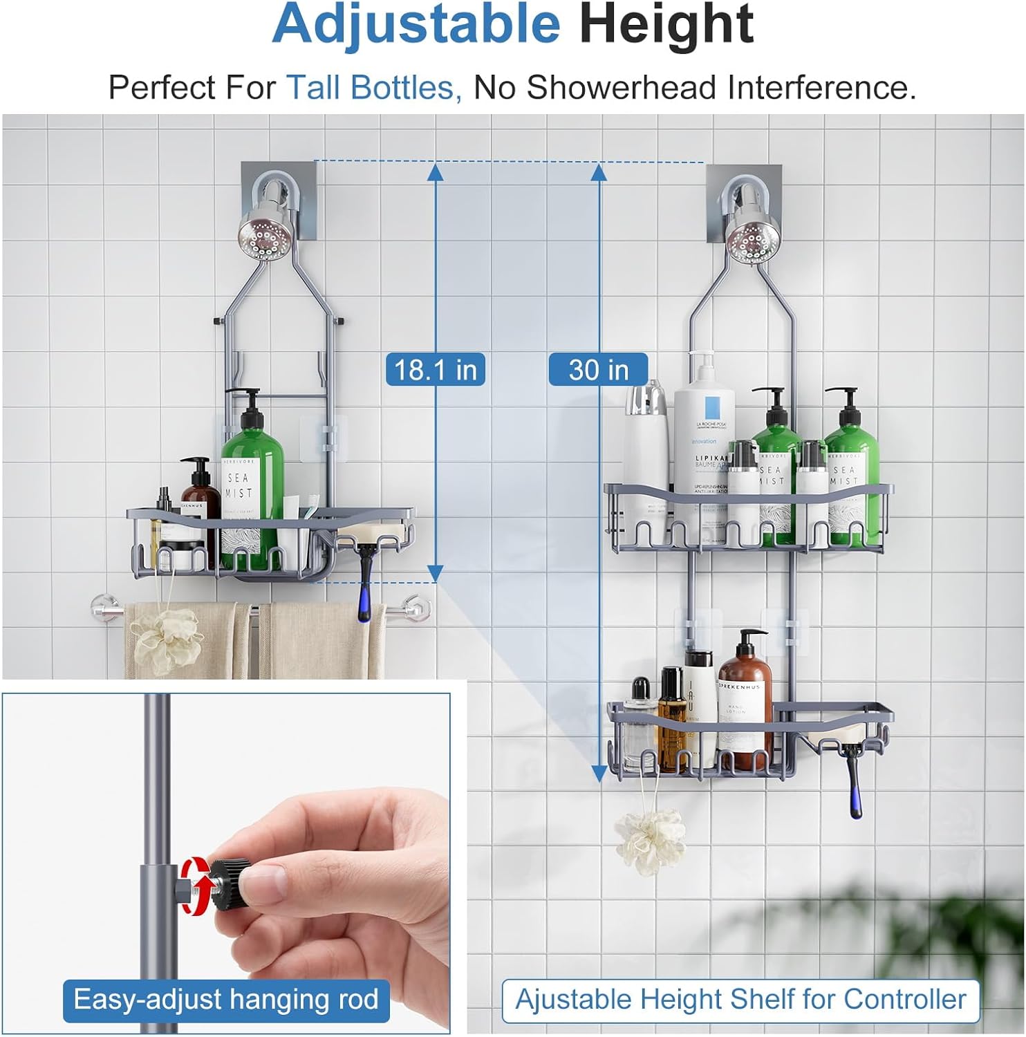 Regine Switzerland Shower Caddy - Rustproof Over Showerhead Organizer with Hooks | Large Size for Shampoo & Soap