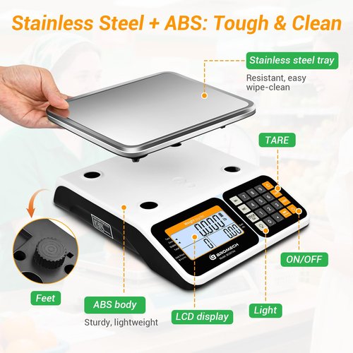 BROMECH Commercial Food Scale 66lb/30kg, High Precision Digital Price Computing Scale for Farmers Marke, Deli, Dual Backlit LCD Display, Stainless Steel Platform, Rechargeable Battery for Produce Meat