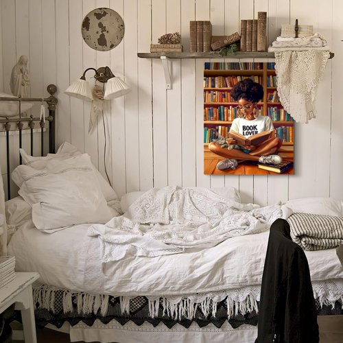 **Regine Switzerland African American Wall Art - Black Girl Reading Canvas Decor | Framed Artwork for Book Lovers (12"x16")**