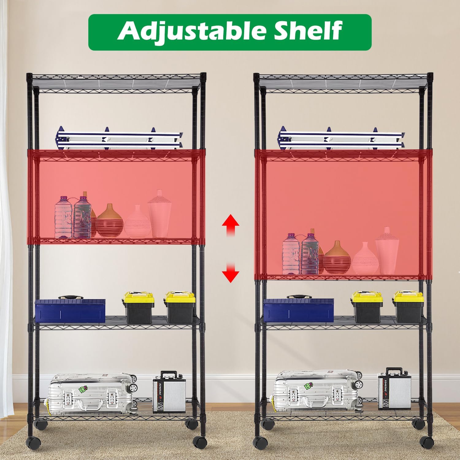 PayLessHere 5-Tier Wire Shelf with Wheels - Adjustable Heavy-Duty Storage Rack | 14"x30"x60" | Black, Rust-Resistant, Easy Assembly