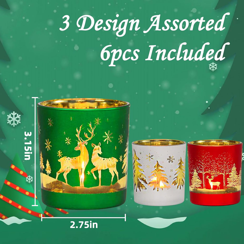 Regine Switzerland Christmas Glass Votive Candle Holders - 6 Pcs Tea Light Holders for Festive Table Décor | 3.15” x 2.75”, Matte Finish