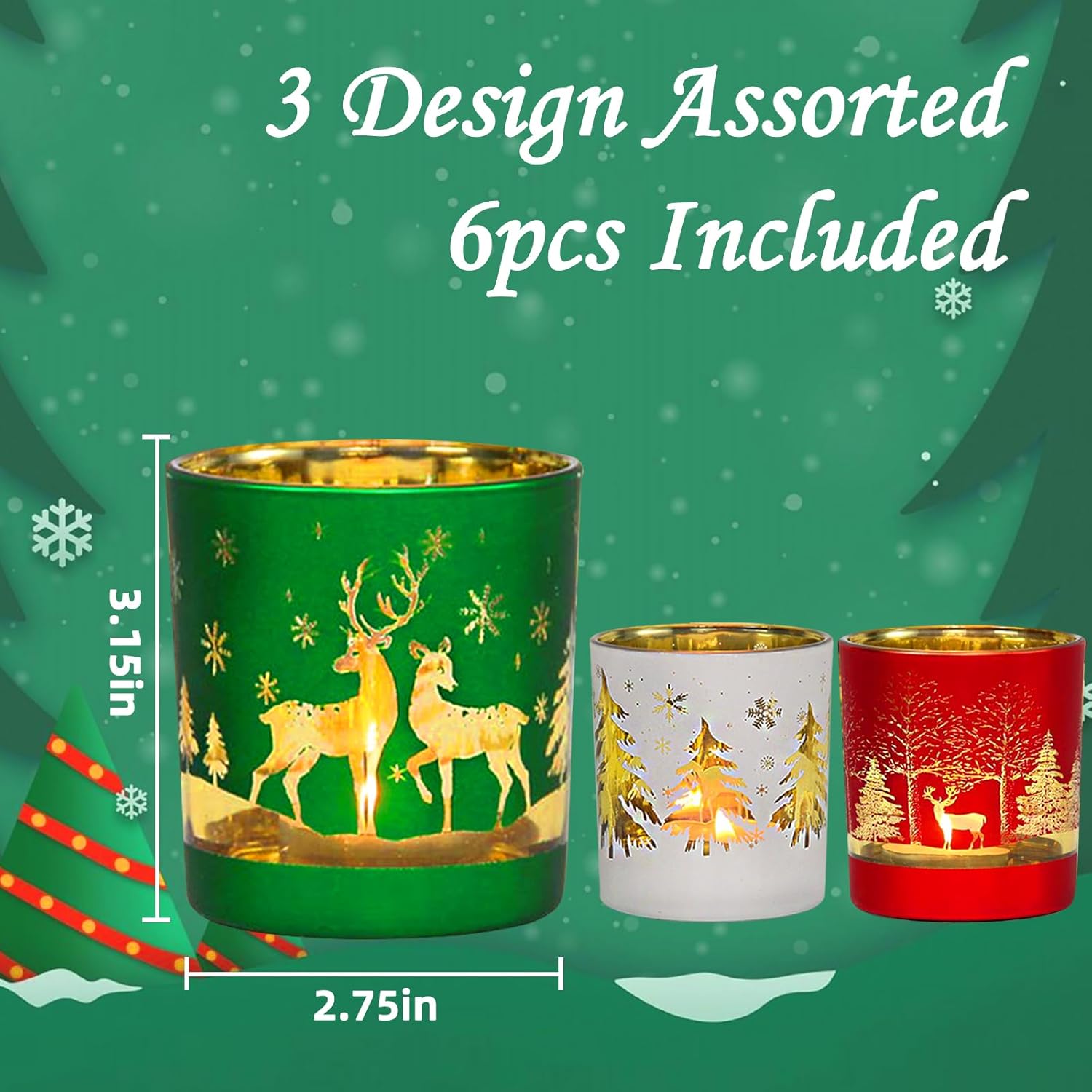 Regine Switzerland Christmas Glass Votive Candle Holders - 6 Pcs Tea Light Holders for Festive Table Décor | 3.15” x 2.75”, Matte Finish