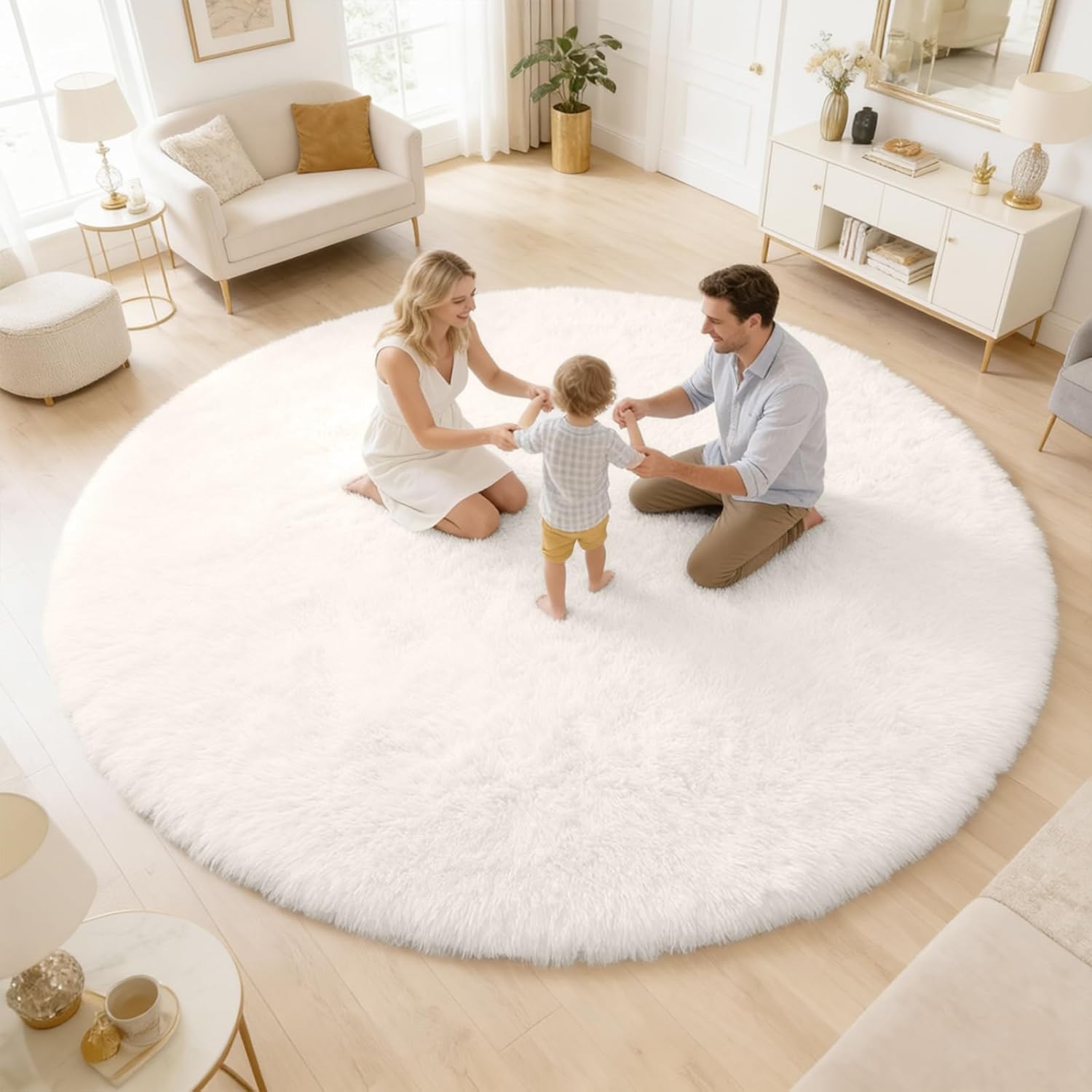 OLANLY Ivory Round Rug - Soft, Fluffy Shaggy Carpet | 6 ft Machine Washable Area Rug for Bedroom & Living Room