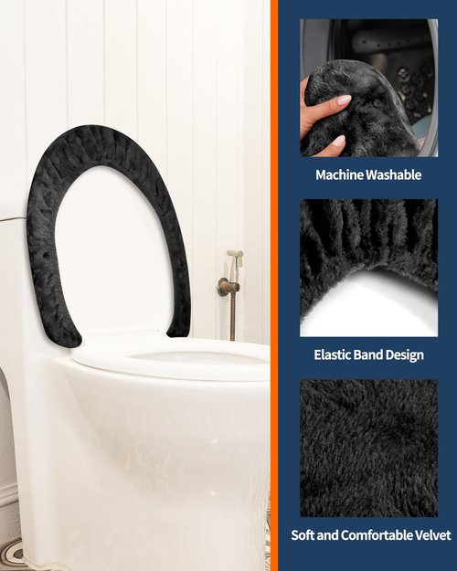 Microfiber Toilet Lid Cover, Soft Velvet Toilet Cover; Absorbent, Machine Washable, Comfortable, Durable Adjustable Toilet Seat Cover Fits Most Toilet Lids (Black)