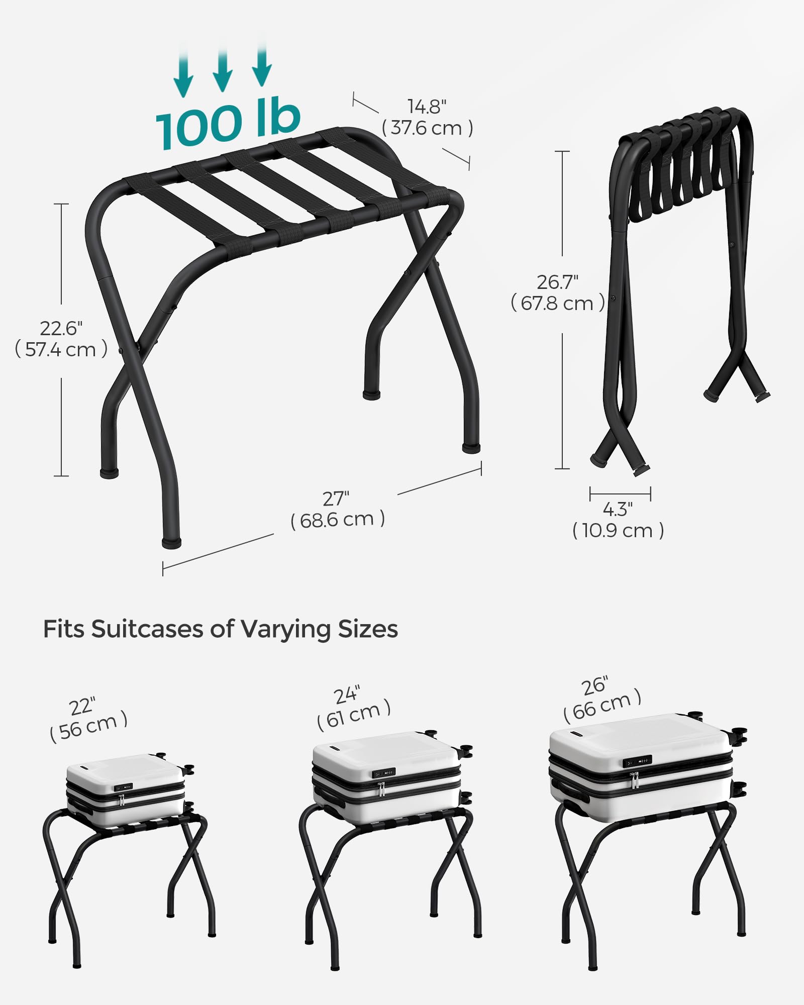 SONGMICS Luggage Rack, Pack of 2, Luggage Racks for Guest Room, Suitcase Stand, Steel Frame, Foldable, for Bedroom, Black URLR64B-2