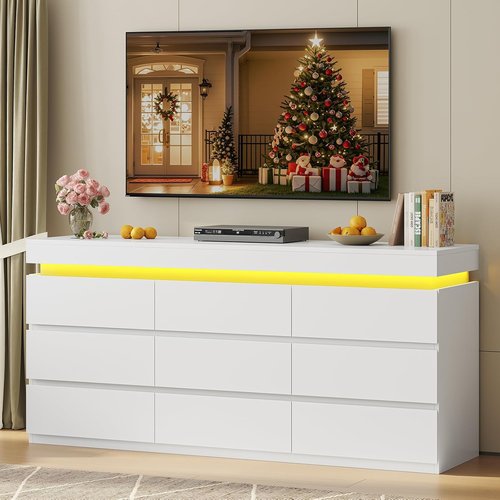 HAUOMS 9-Drawer Dresser - Modern White Chest with LED Light for Bedroom, Living Room & Entryway