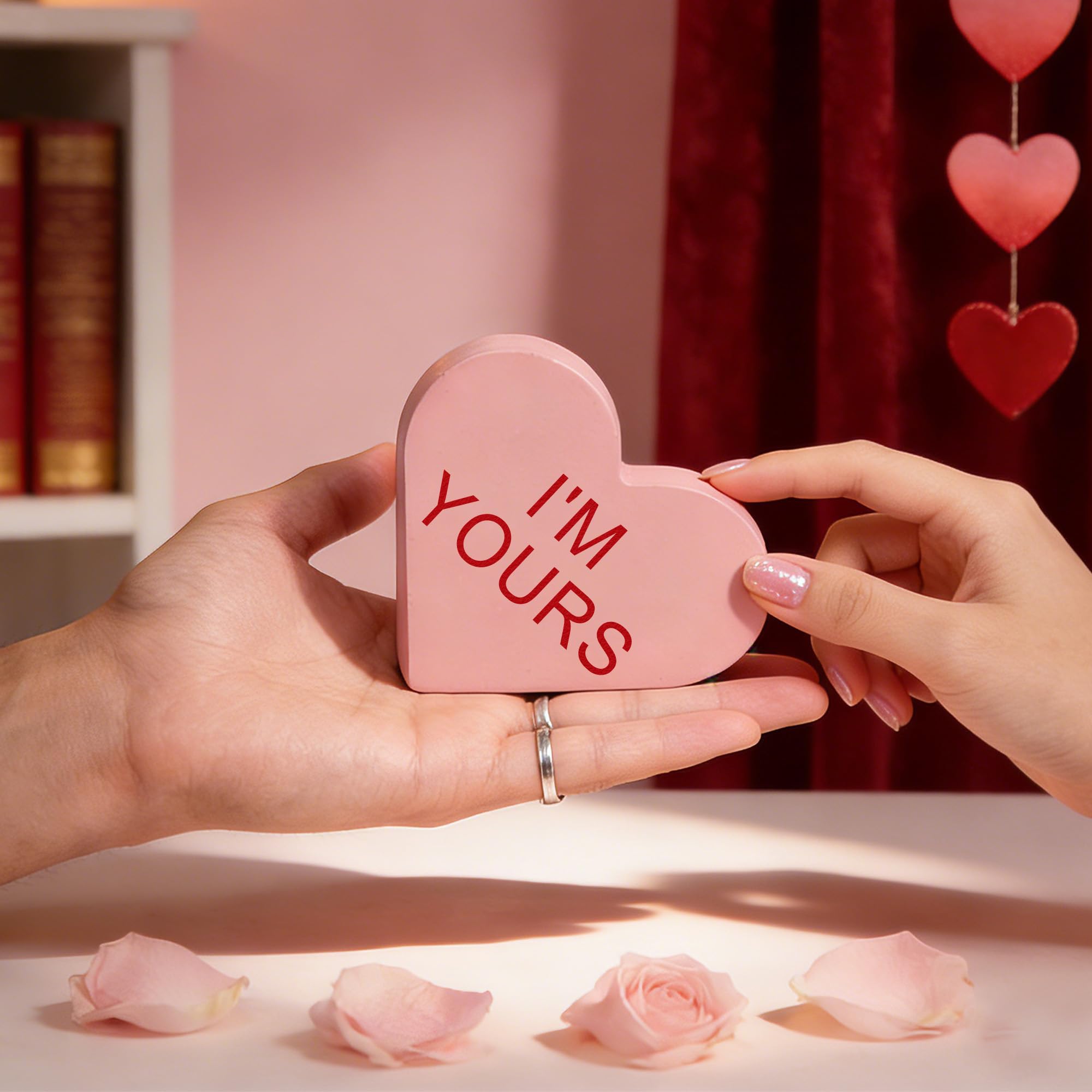 6 Pack Wooden Conversation Hearts Decor - Valentine Mantel Decor,Heart Signs for Home Shelf, Tiered Tray, Fireplace & Office Decorations