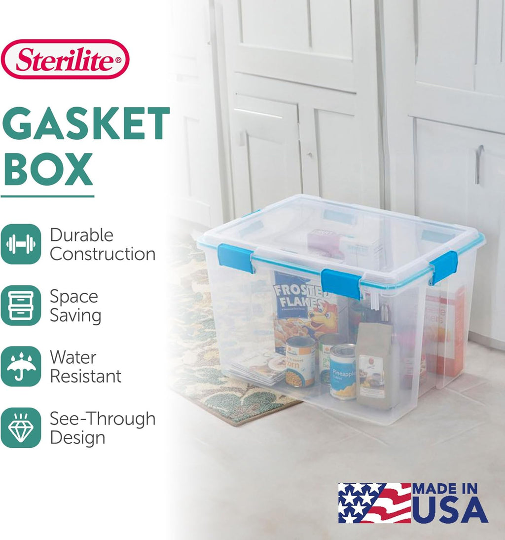 Sterilite 4-Pack Gasket Box - Weather-Resistant 80 Quart Storage Bins with Latching Lids for Organizing