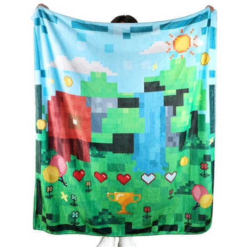 SAVITA Pixel Plush Throw Blanket, Soft Kids Bedding, 150x130cm/59.06x51.18in Lightweight Cozy Travel Blanket Video Game Bedding for Airplane Car Camping & Home Use