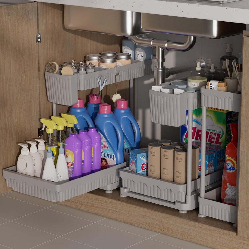 Sevenblue Under Sink Organizer - 3 Pack L-Shaped Pull-Out Storage for Bathroom & Kitchen (Grey, 12.85 Inch)