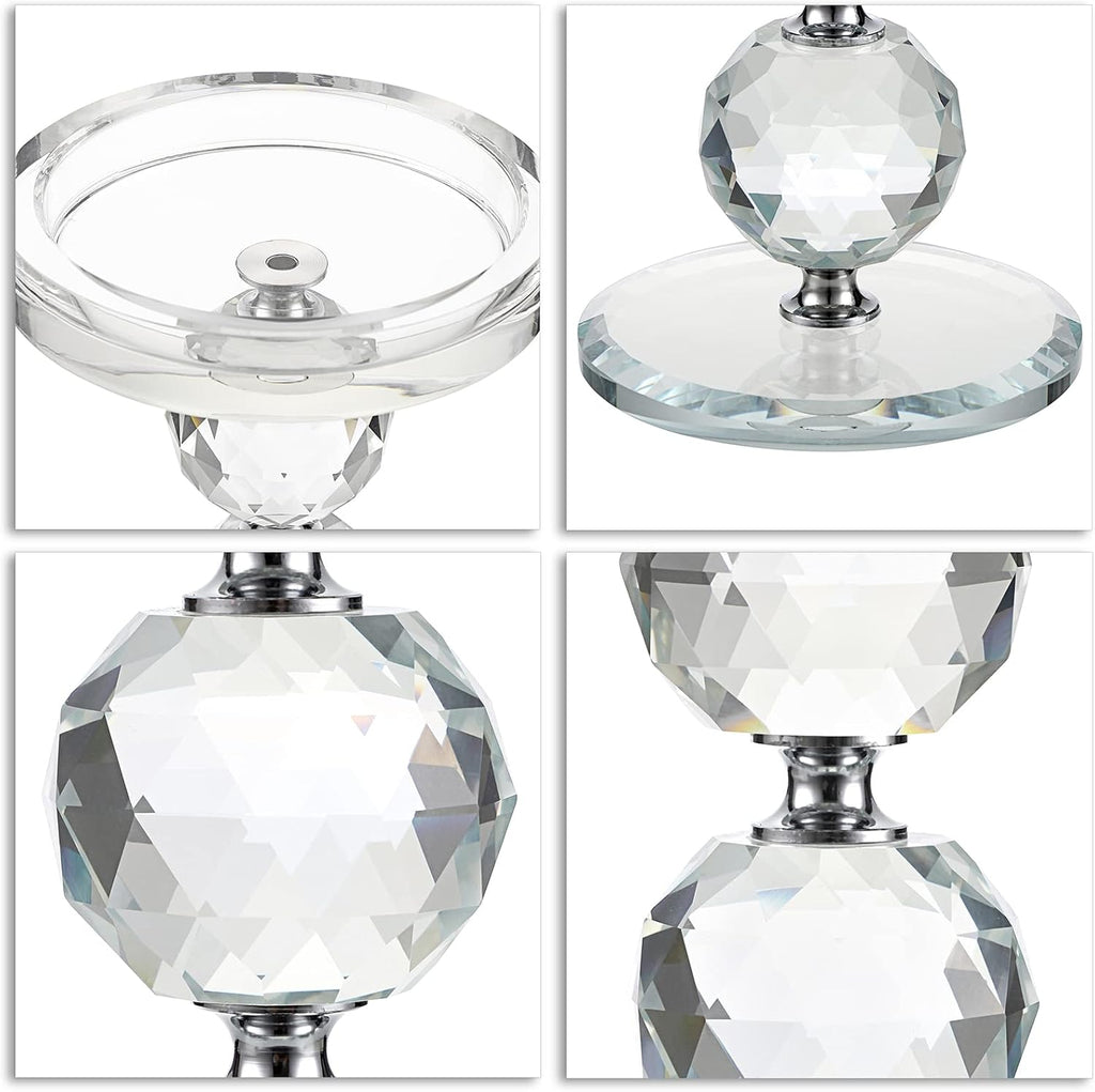 OwnMy Crystal Glass Pillar Candlestick Holders - Set of 3 Modern Tealight Votive Stands for Weddings & Home Decor