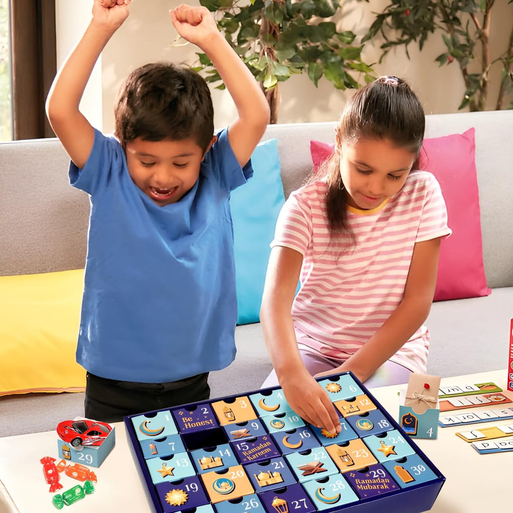 MOVINPE Ramdan Calendar with Drawers 2026 Ramadan Gifts for Kids, 30 Pre-Assembled Empty Boxes Eid Mubarak Coutdown Calendar Fillable Islamic Art Gift Box, Ramadan Party Supplies (Blue)