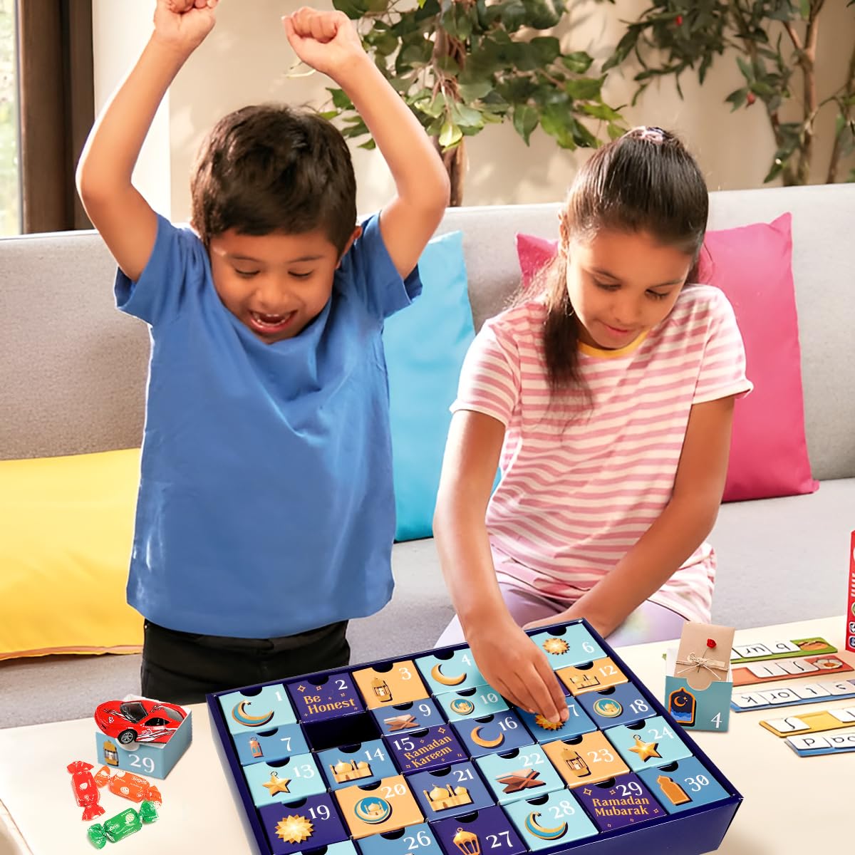 MOVINPE Ramdan Calendar with Drawers 2026 Ramadan Gifts for Kids, 30 Pre-Assembled Empty Boxes Eid Mubarak Coutdown Calendar Fillable Islamic Art Gift Box, Ramadan Party Supplies (Blue)
