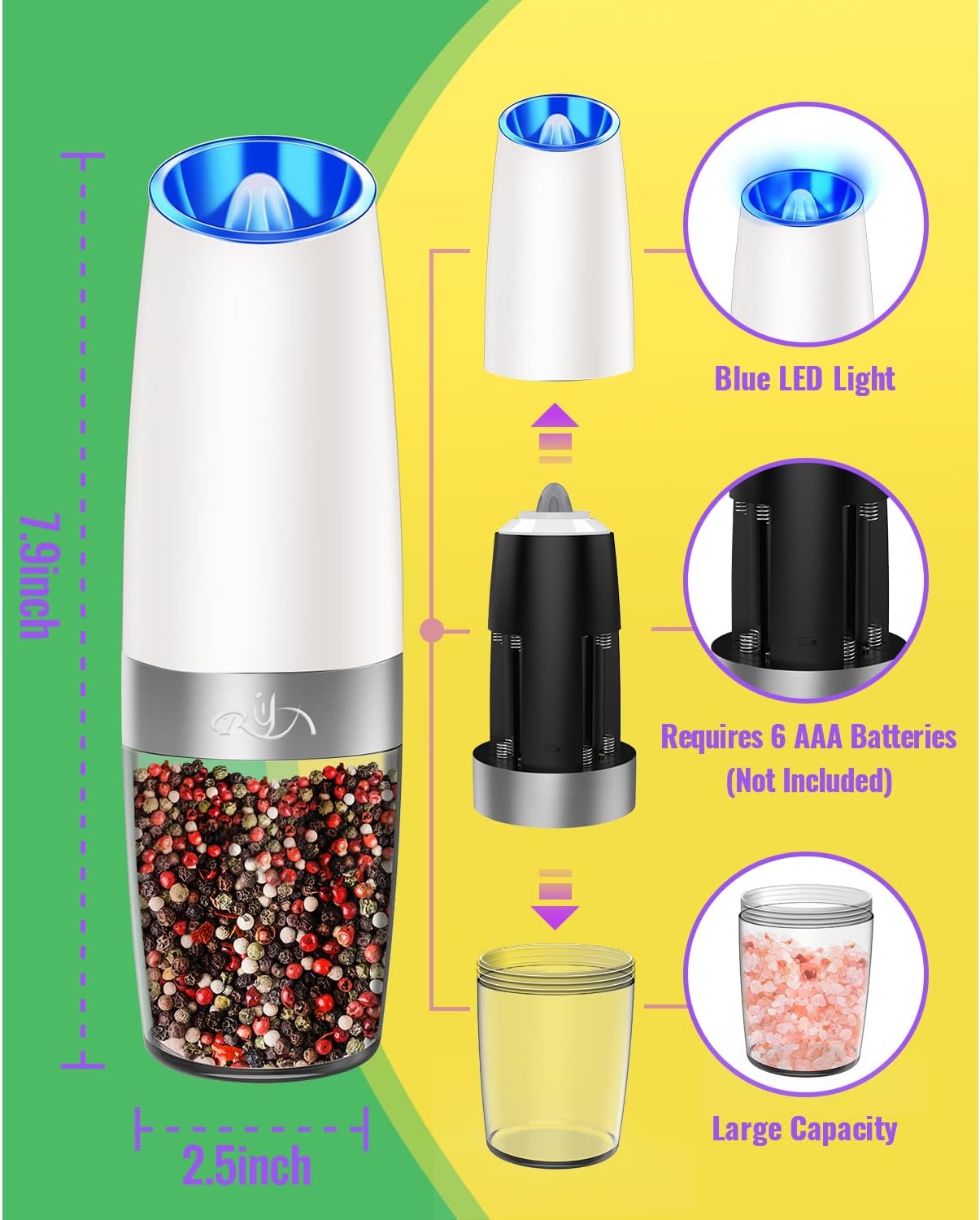 Rongyuxuan Electric Pepper Grinder Mill Set - Battery Powered, Stainless Steel, One-Hand Use, Adjustable Coarseness, Snow White