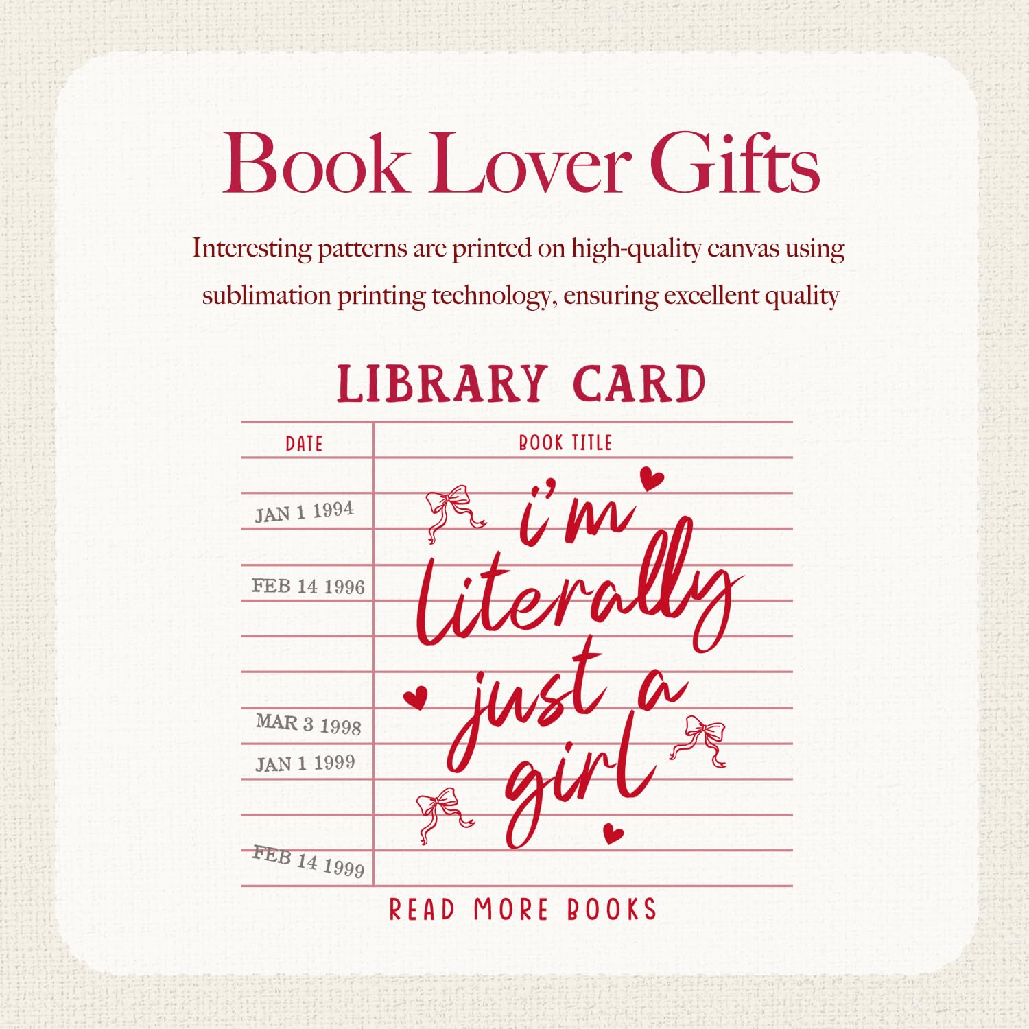 Puuonnnnno Library Card Canvas Tote Bag Gifts for Book Lovers - Christmas Gifts for Book Lovers, Librarian, Bookish, Readers - I’m Literally Just a Girl