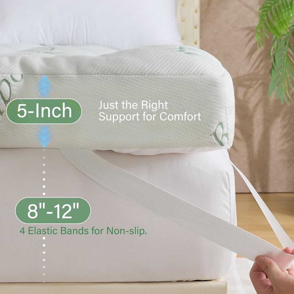 WhatsBedding 5-Inch Memory Foam Mattress Topper - Bamboo Viscose, Breathable & Soft | Queen Size 80x60in