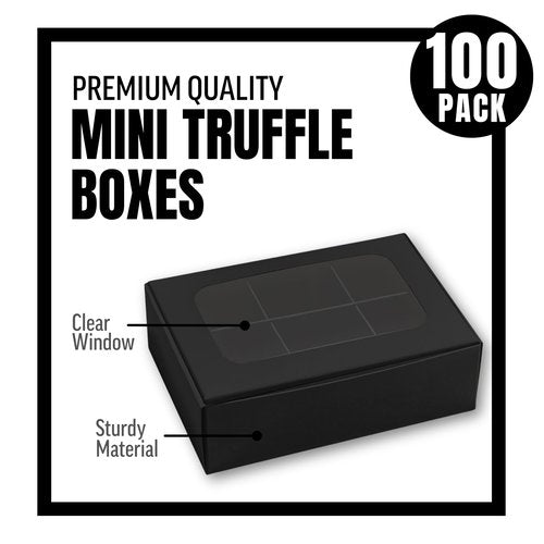 Modsy Baking - 100 pcs Black Mini Truffle Box for 6 treats with Window and Dividers, Bakery Boxes, 5 x 3.5 x 1.57 Inches VERY SMALL Baking Boxes, Square Truffles Decorating Supplies for Gift Giving