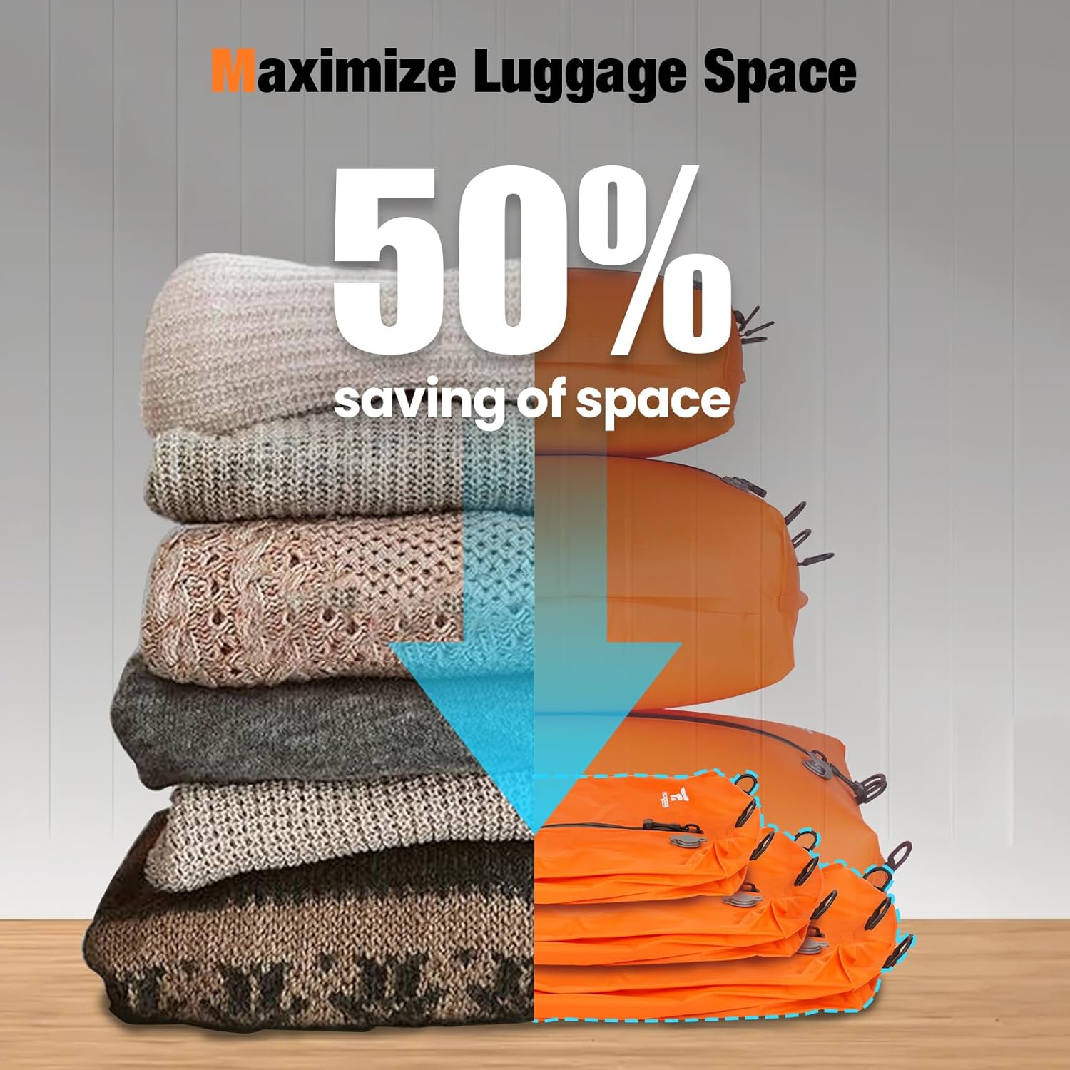 Skiennix Vacuum Bags for Travel - 3-Pack Reusable Compression Bags with Pump | Waterproof Space Saver in Orange