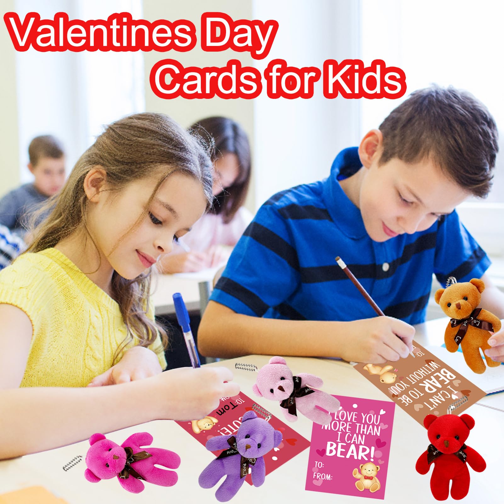 AouEtnay 28 Pack Valentines Day Gifts Cards with Plush Bears Toys, Mini Stuffed Animals with Valentine's Greeting Cards for Kids Classrom School Exchange Prize Party Favors
