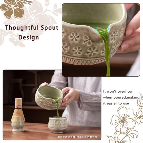 Buucup Matcha Whisk Set - Complete 7-Piece Ceramic Kit with Bowl, Whisk, Bamboo Scoop & More | Mottled Green