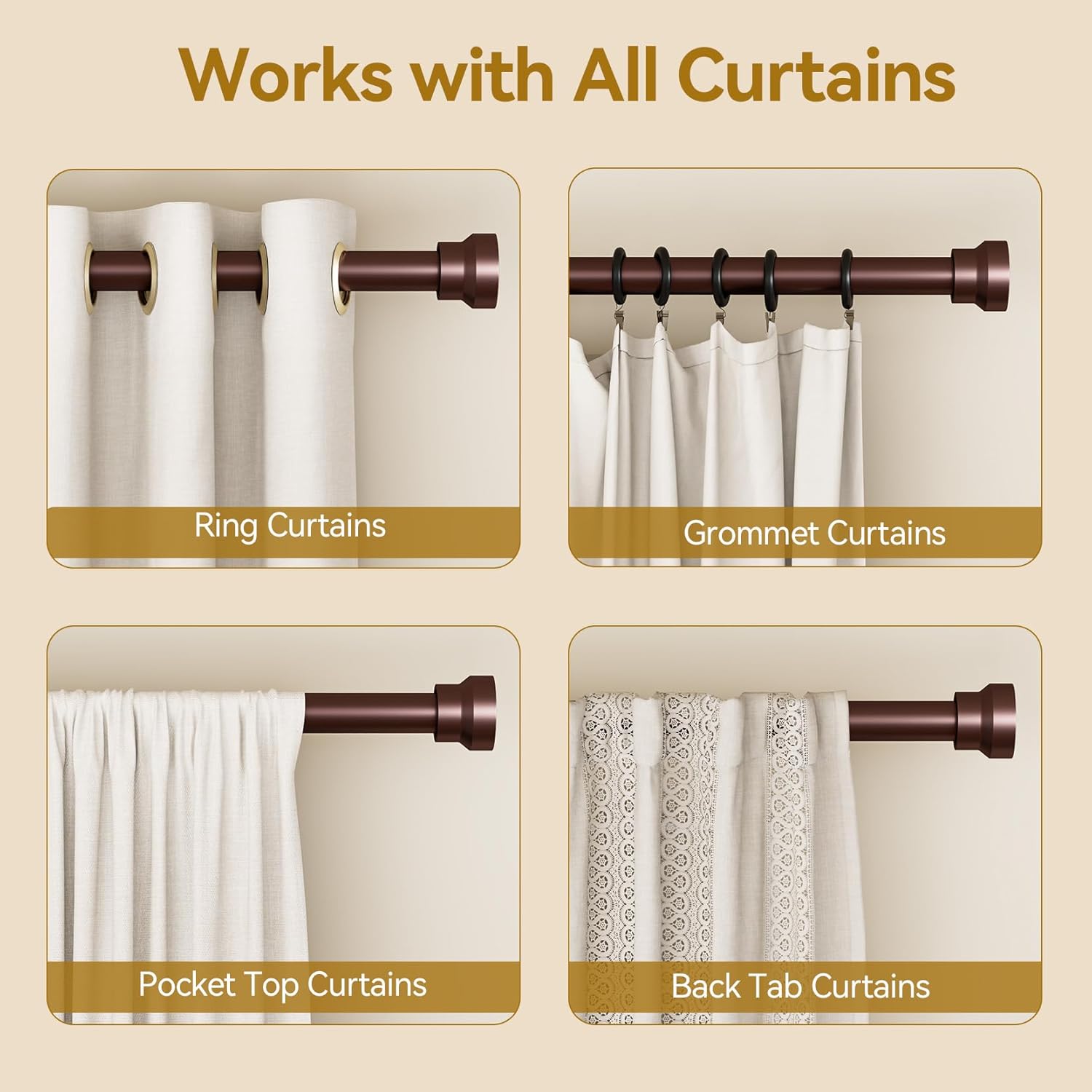 YaFex Curtain Rods - Heavy Duty 1 Inch Adjustable Window Treatment Rods | 32-84 Inch, Bronze Finish